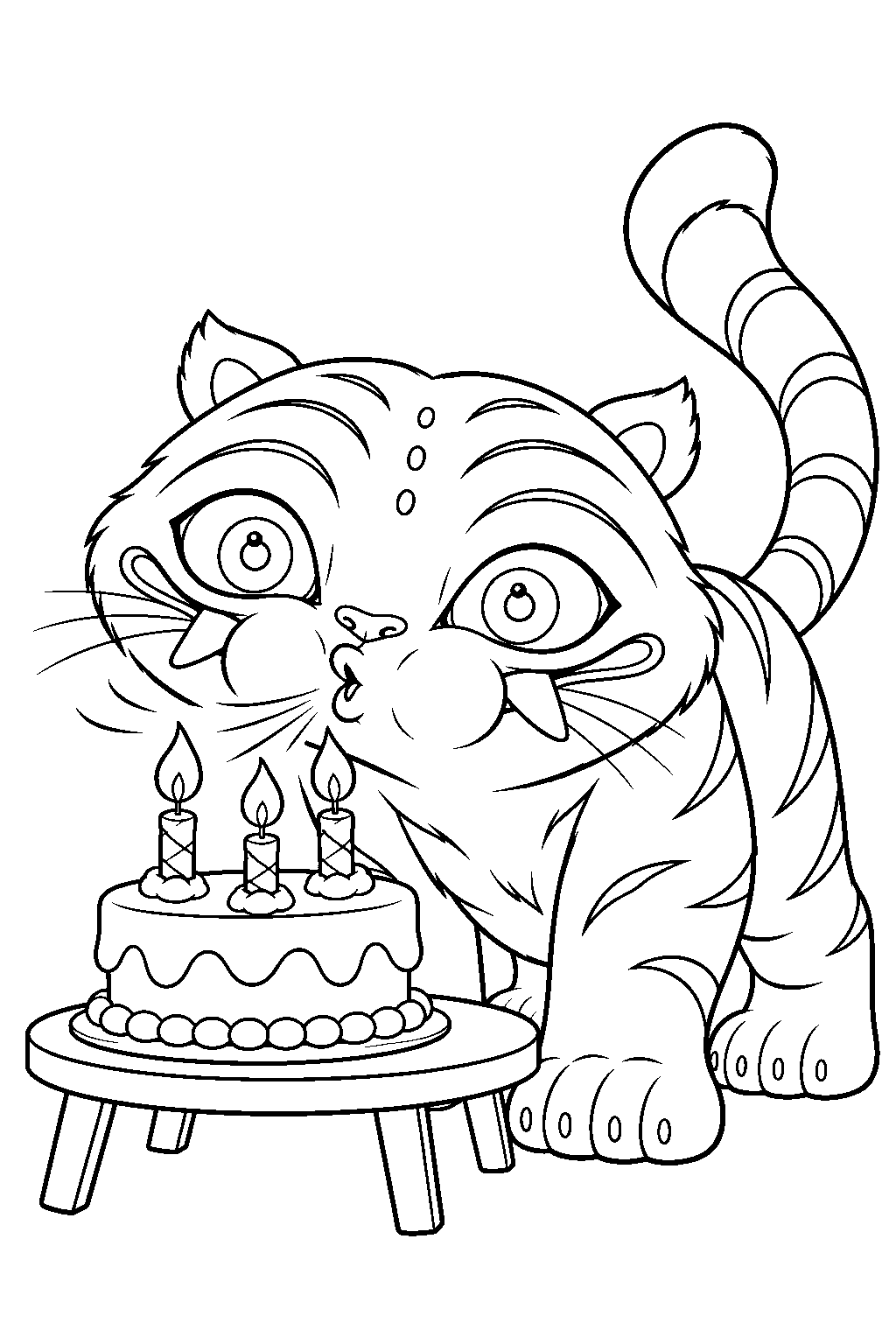 kpop demon hunters derpy tiger blowing out birthday candles line art