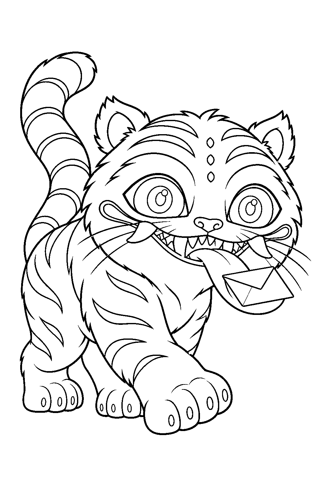 kpop demon hunters derpy tiger carrying jinu s letter on his tongue line art