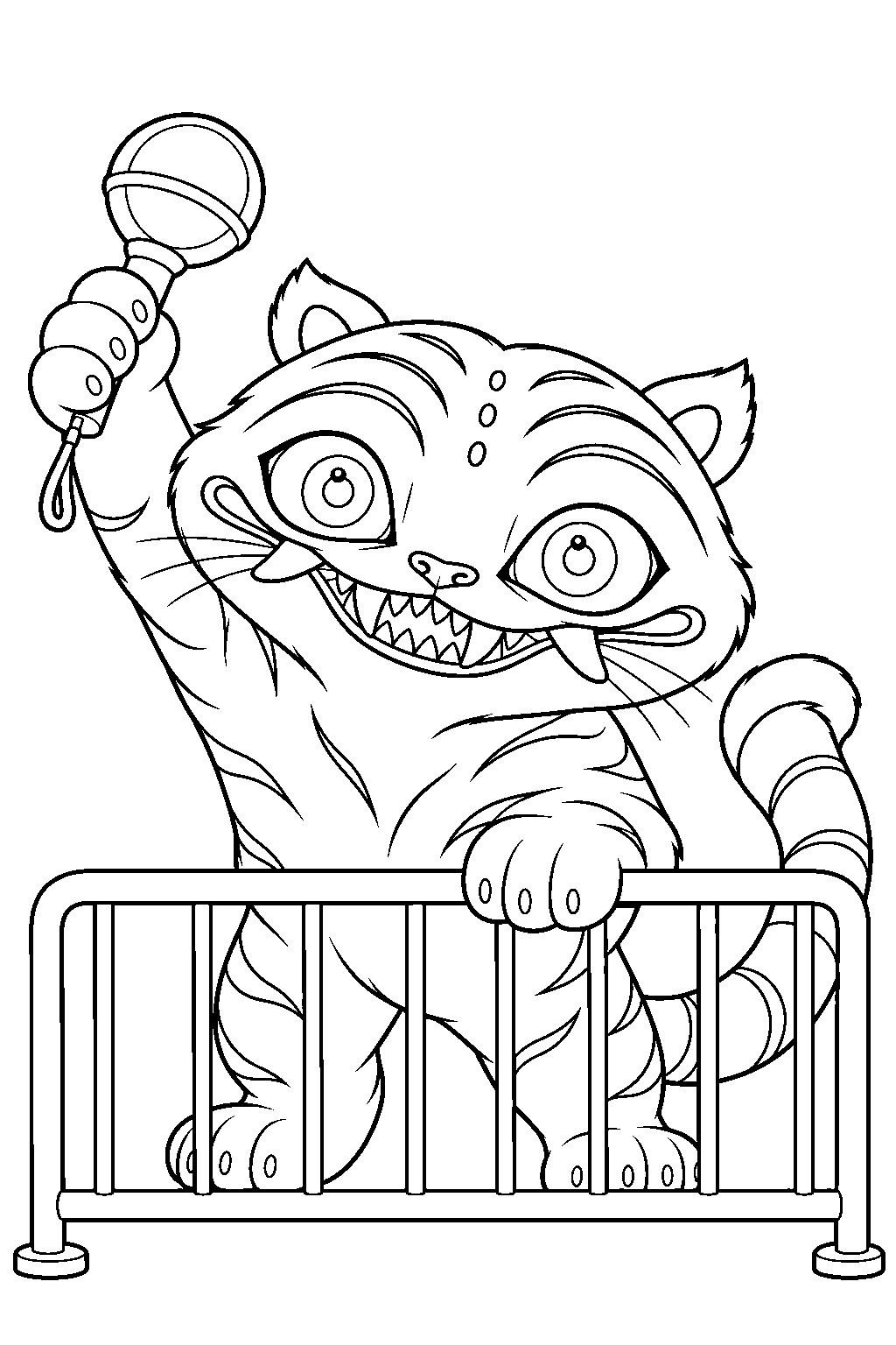 kpop demon hunters derpy tiger cheering over a concert rail with a light stick line art