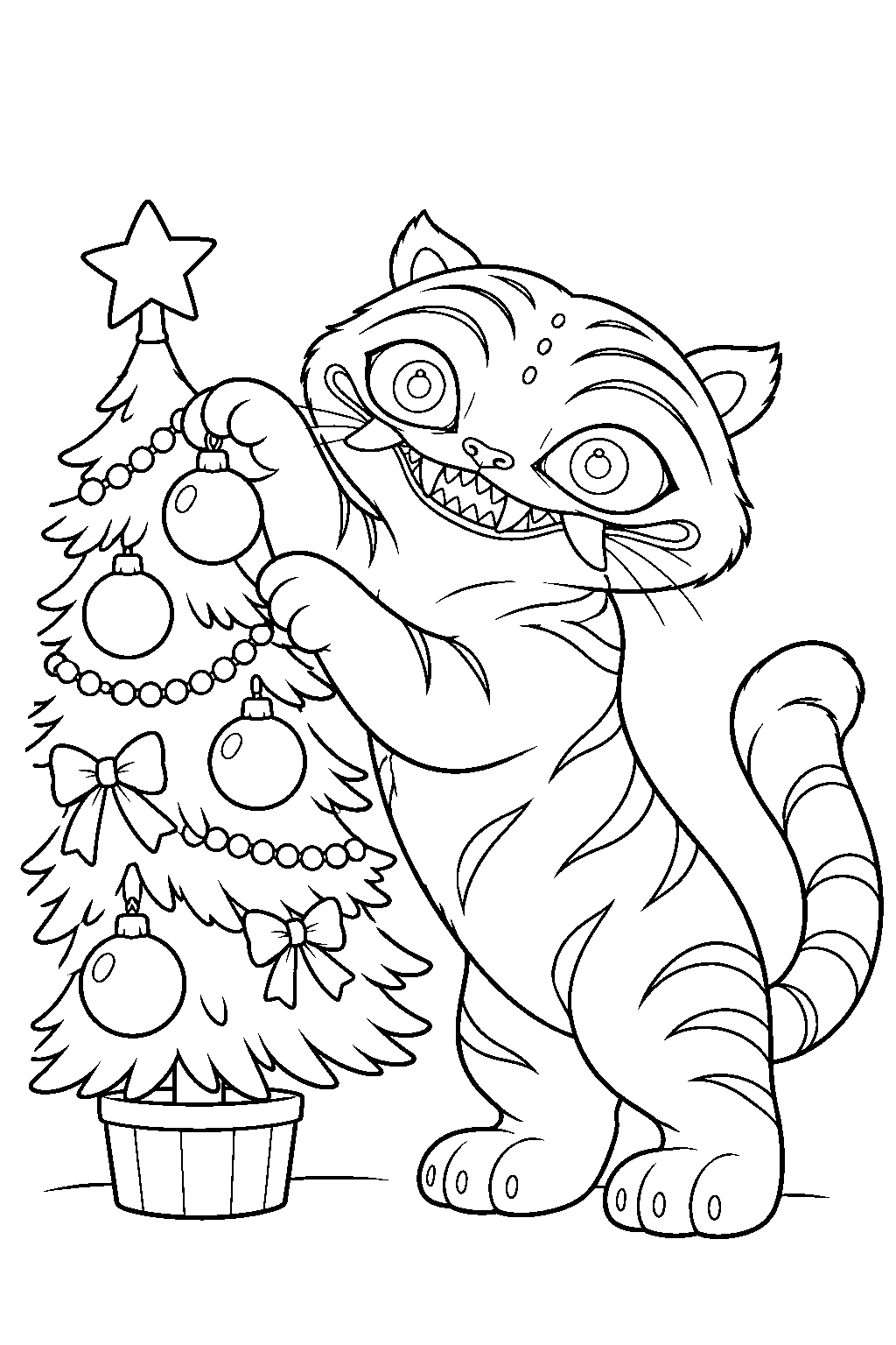 kpop demon hunters derpy tiger decorating a christmas tree line art