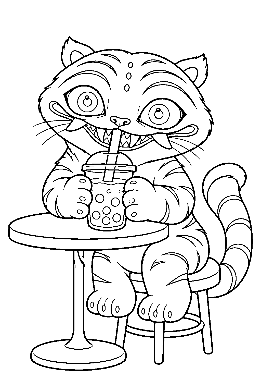 kpop demon hunters derpy tiger drinking bubble tea at a cafe line art