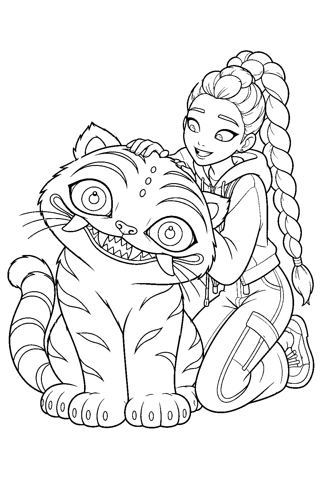 kpop demon hunters derpy tiger getting a head scratch from rumi line art