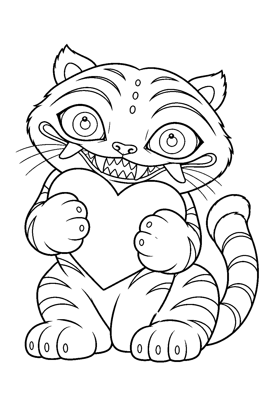 kpop demon hunters derpy tiger hugging a valentine heart line art