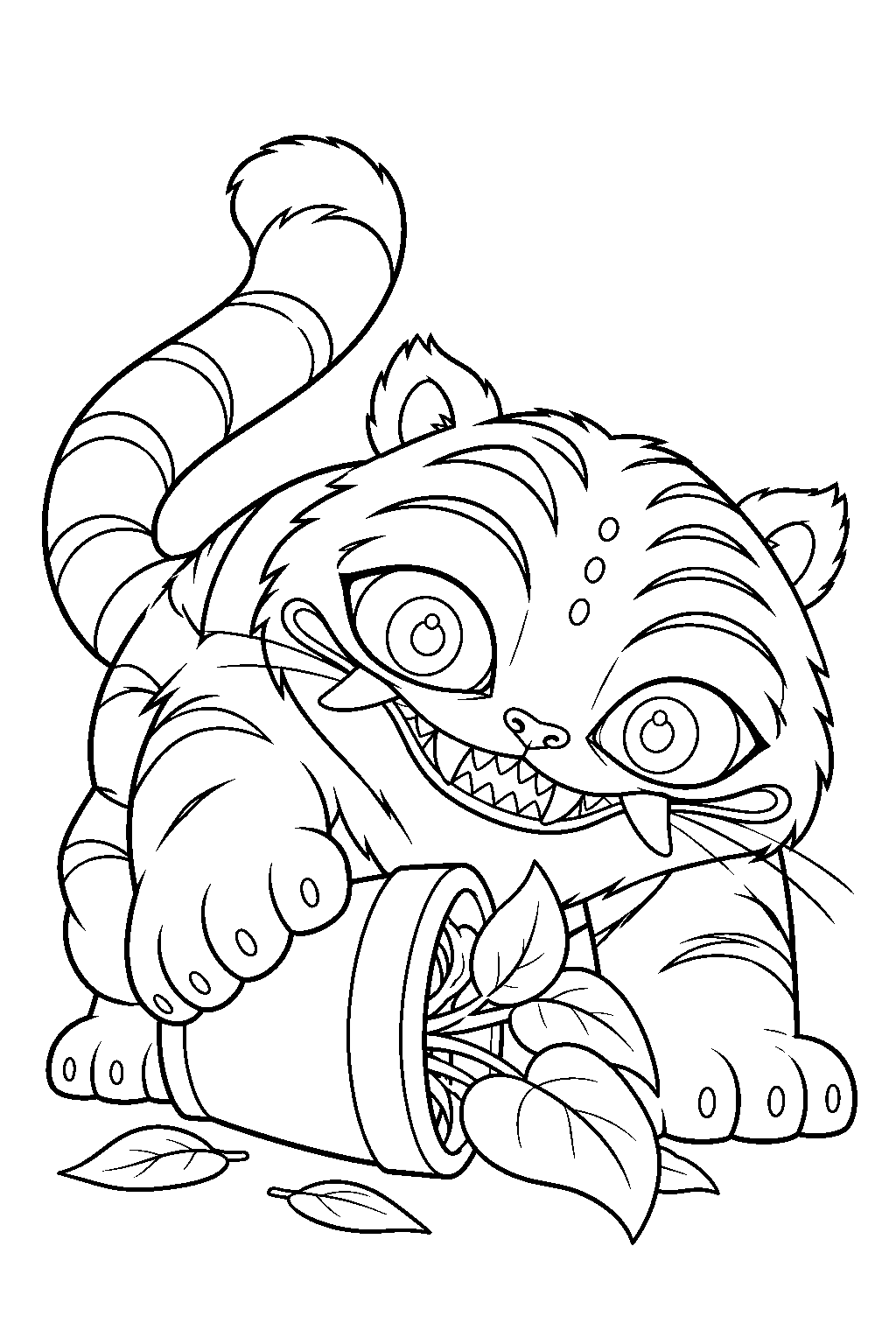 kpop demon hunters derpy tiger lifting a fallen flowerpot line art