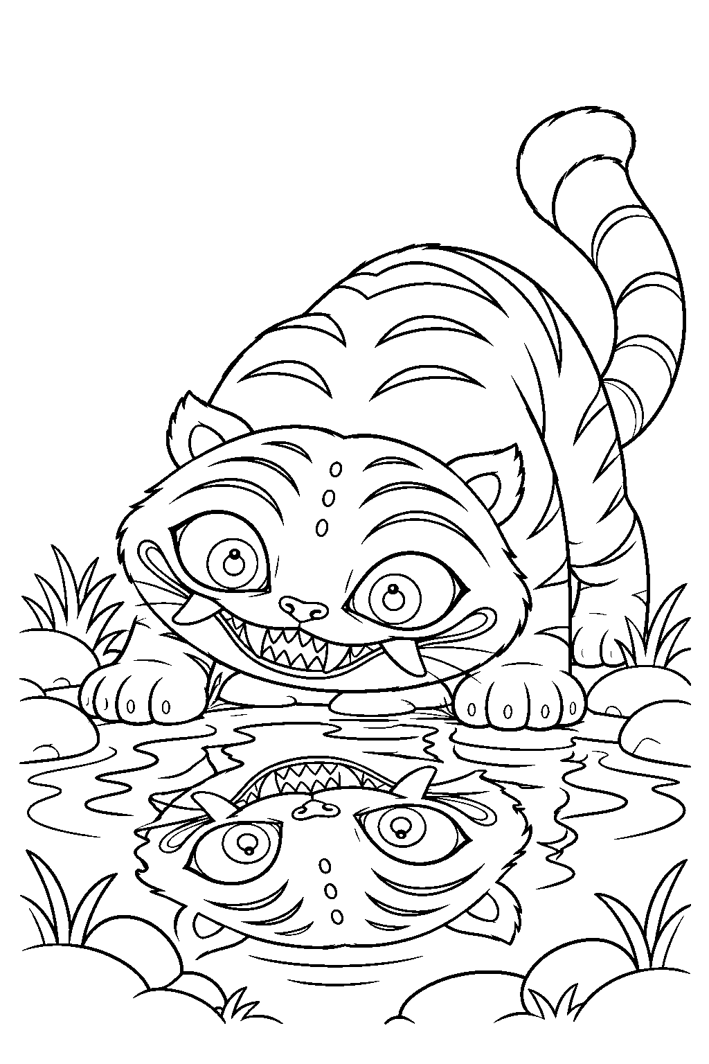 kpop demon hunters derpy tiger looking at his reflection in a pond line art