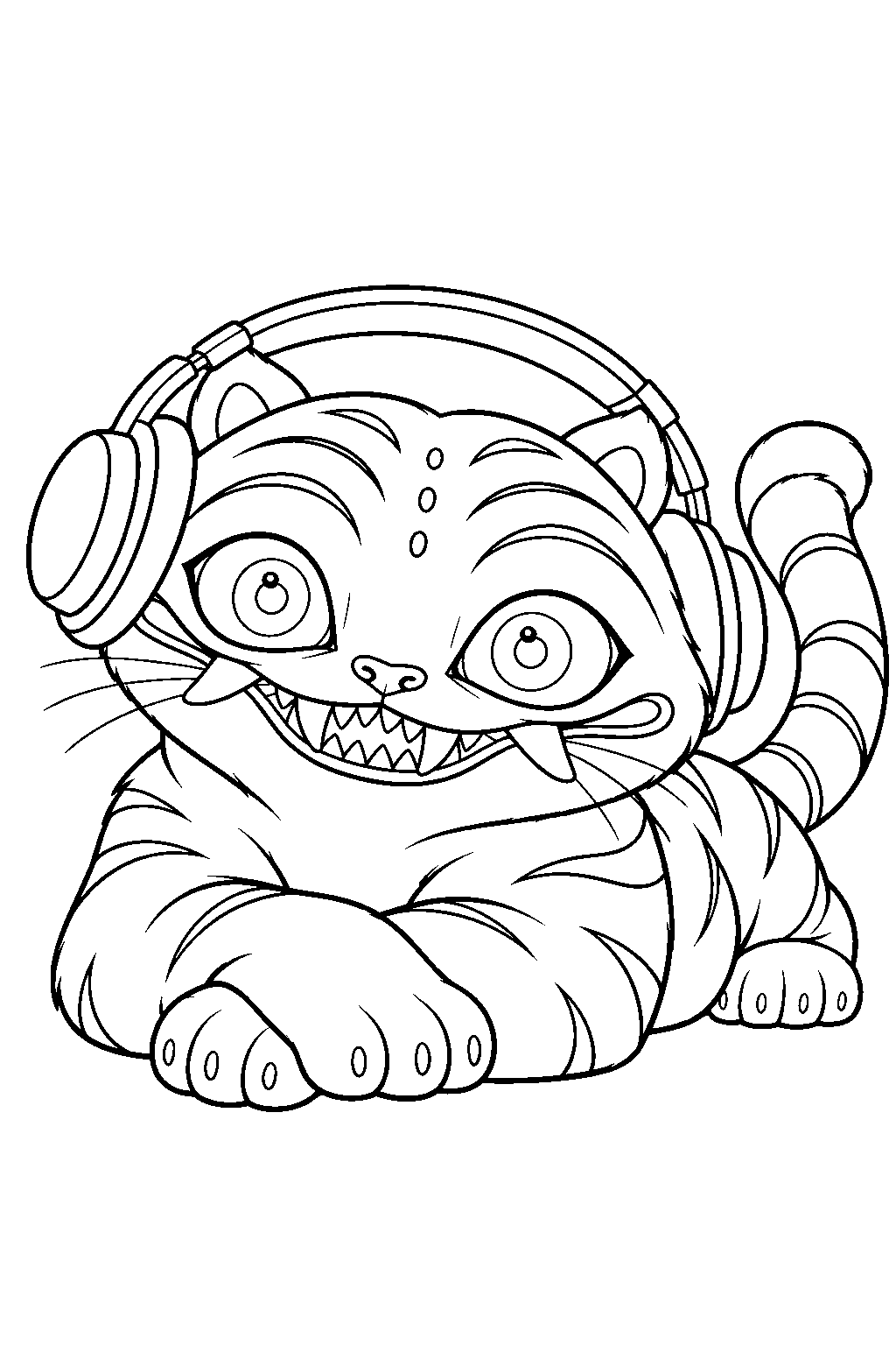 kpop demon hunters derpy tiger lying down with headphones line art