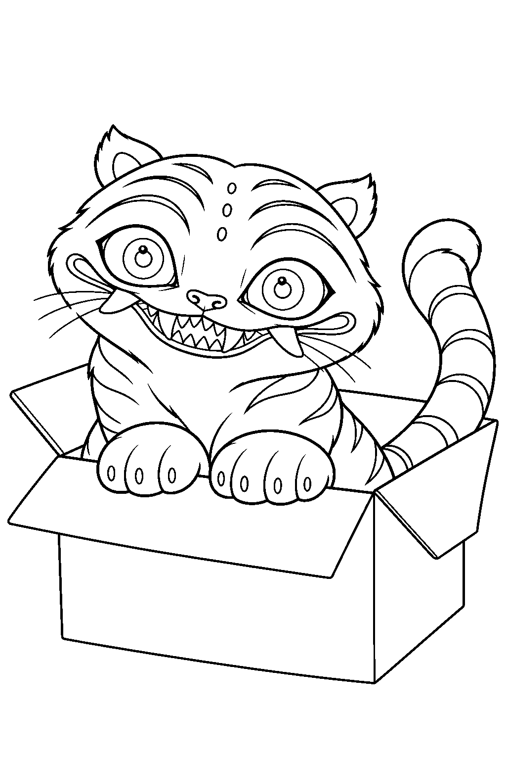 kpop demon hunters derpy tiger peeking out of a cardboard box line art
