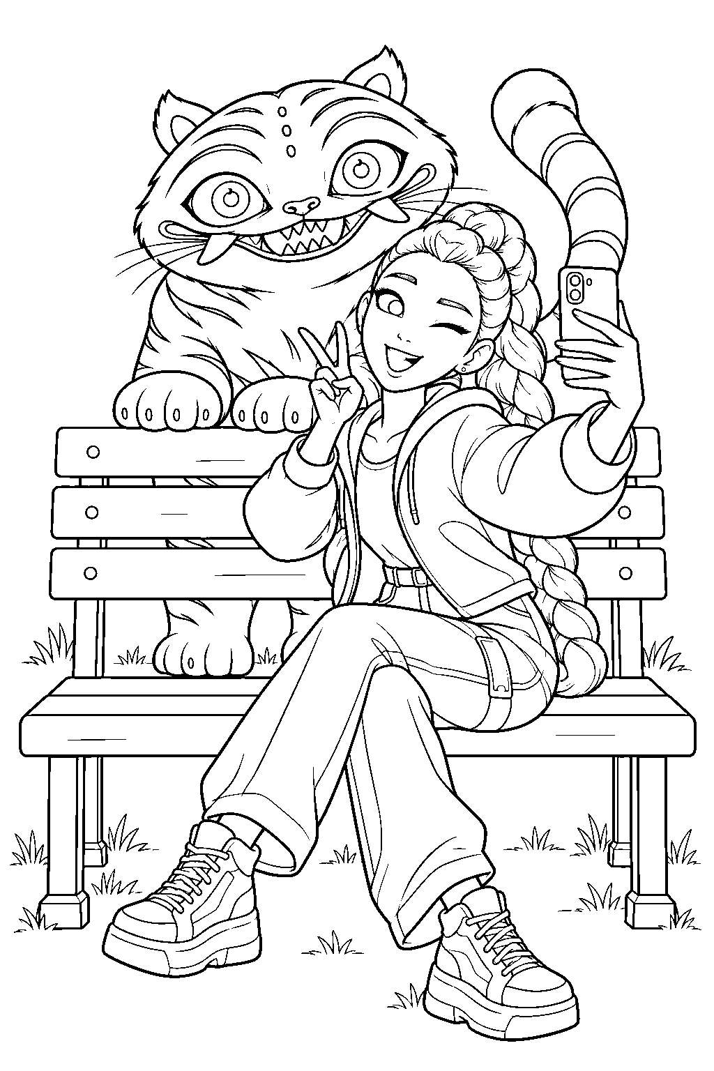 kpop demon hunters derpy tiger photobombing rumi s selfie line art