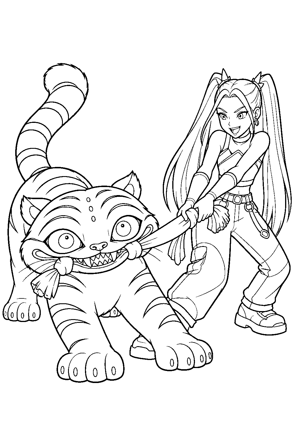 kpop demon hunters derpy tiger playing tug of war with mira line art