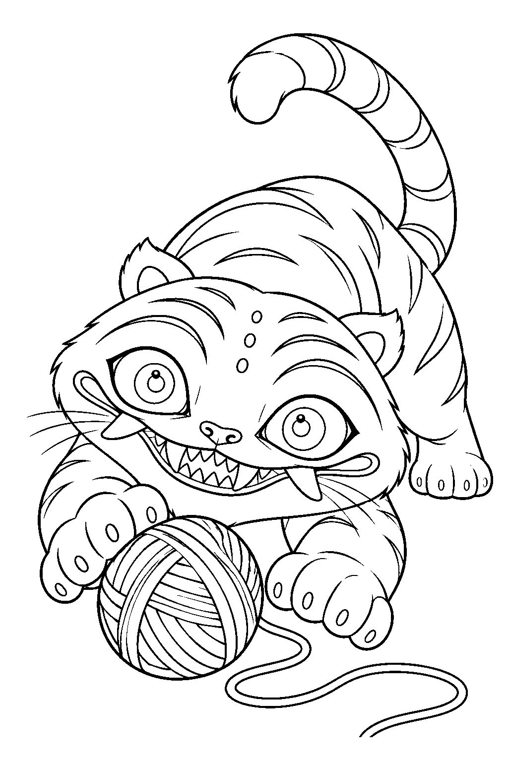 kpop demon hunters derpy tiger pouncing on a ball of yarn line art