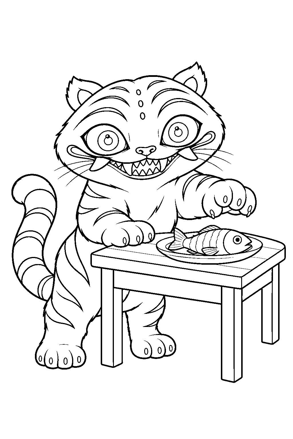 kpop demon hunters derpy tiger reaching for a fish on a plate line art