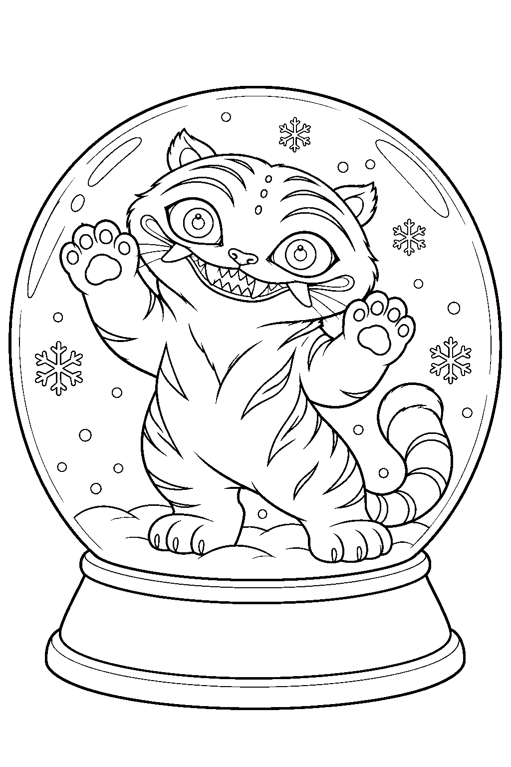 kpop demon hunters derpy tiger reaching up inside a christmas snow globe line art