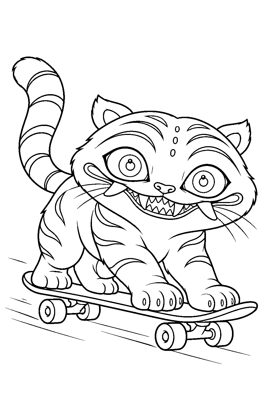 kpop demon hunters derpy tiger riding a skateboard line art
