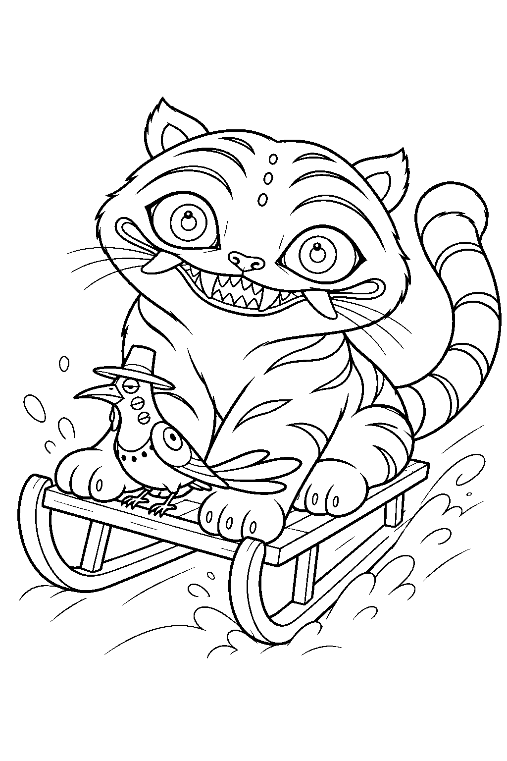 kpop demon hunters derpy tiger riding a sled with sussie line art