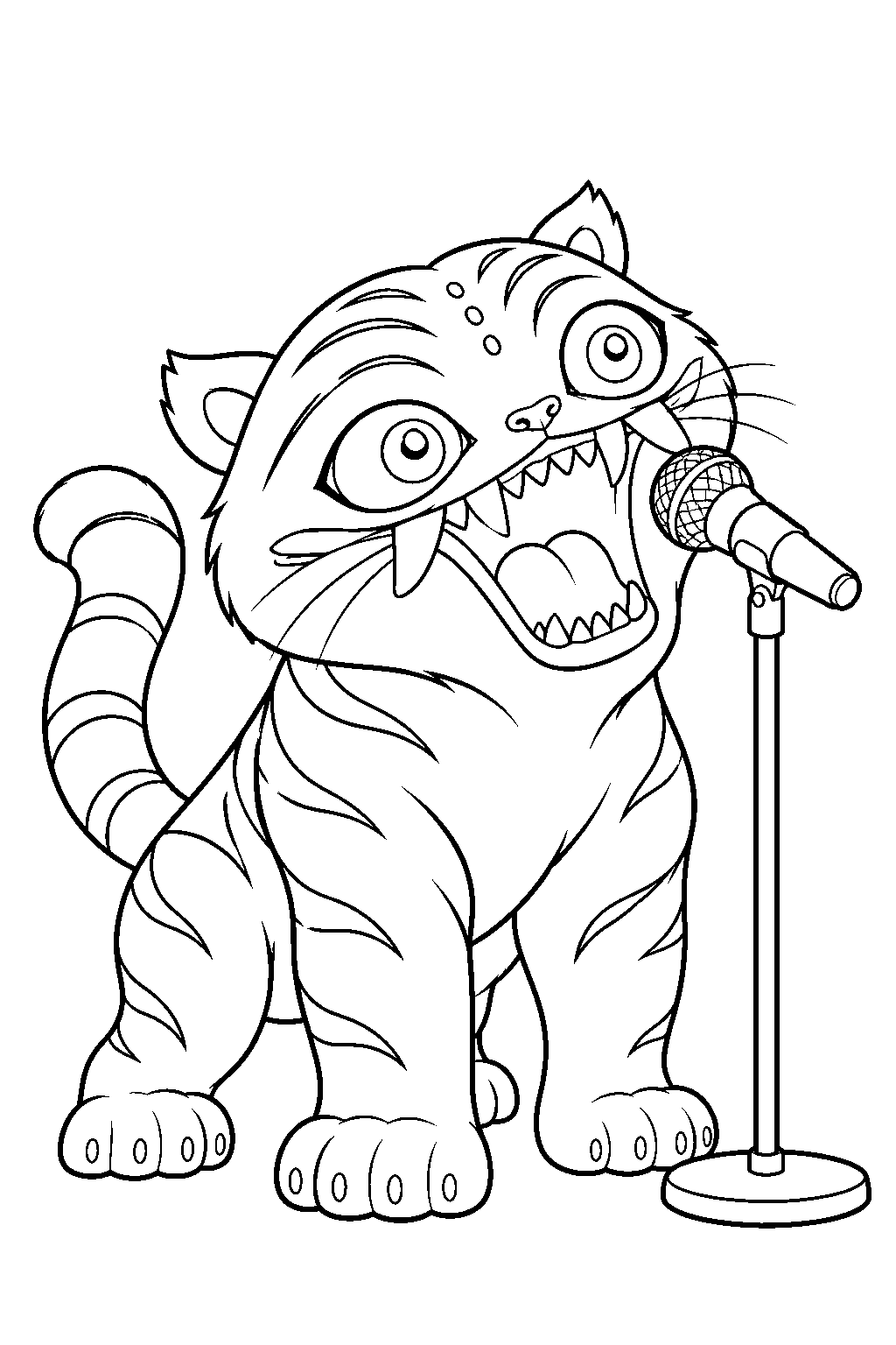 kpop demon hunters derpy tiger roaring into a microphone line art