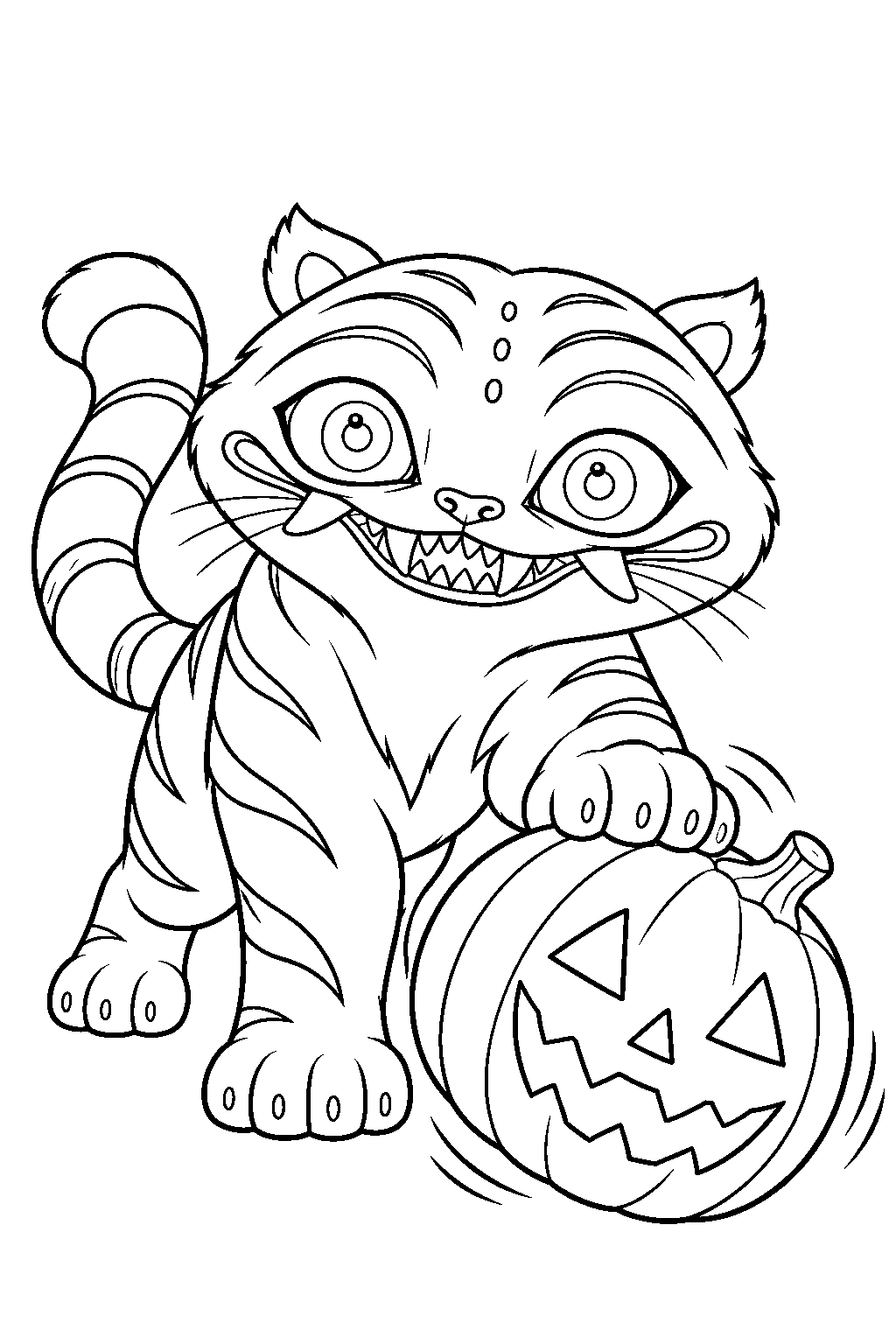 kpop demon hunters derpy tiger rolling a halloween pumpkin line art