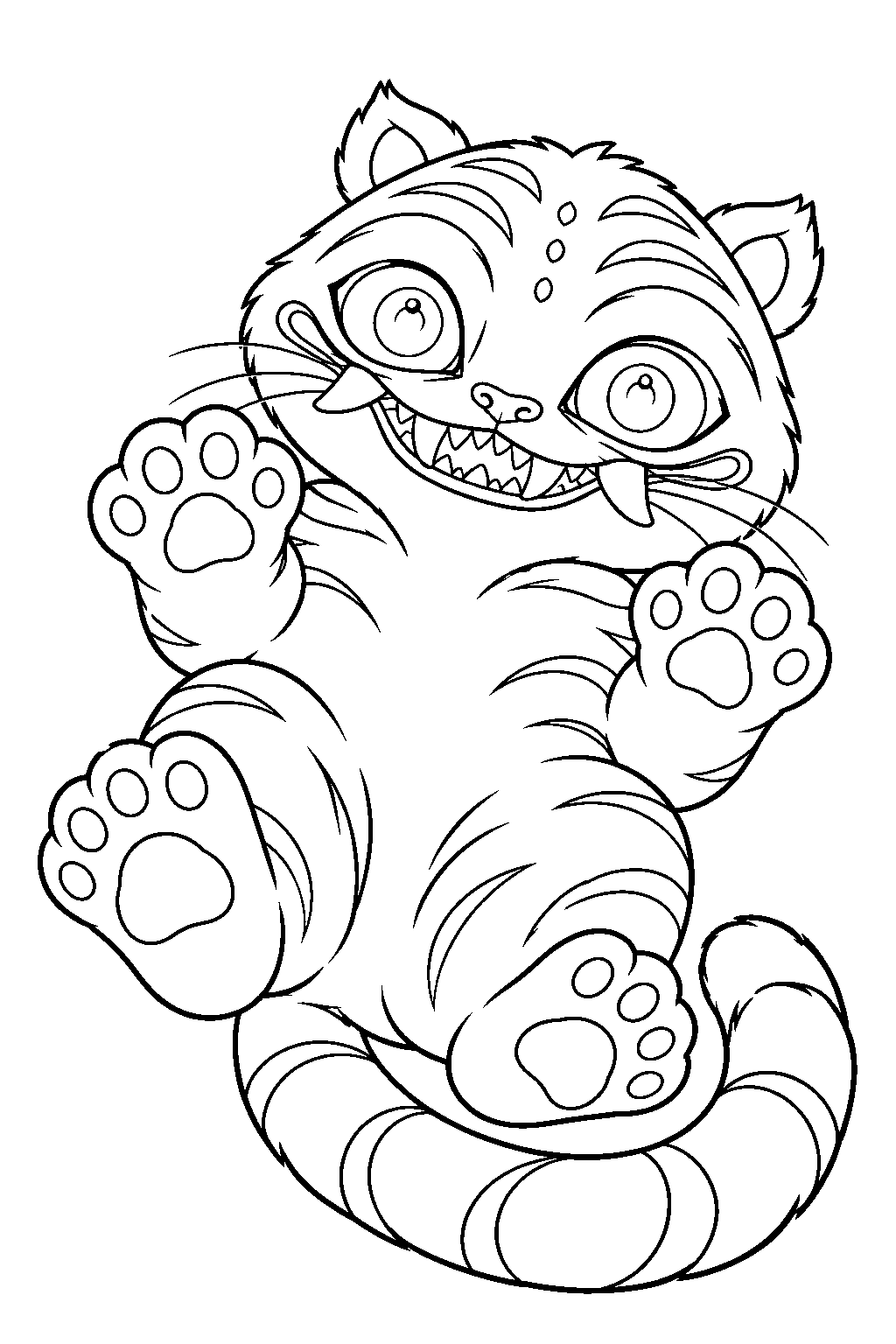 kpop demon hunters derpy tiger rolling on his back with paws up line art