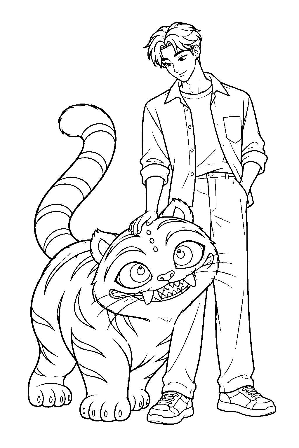 kpop demon hunters derpy tiger rubbing against jinu s leg line art