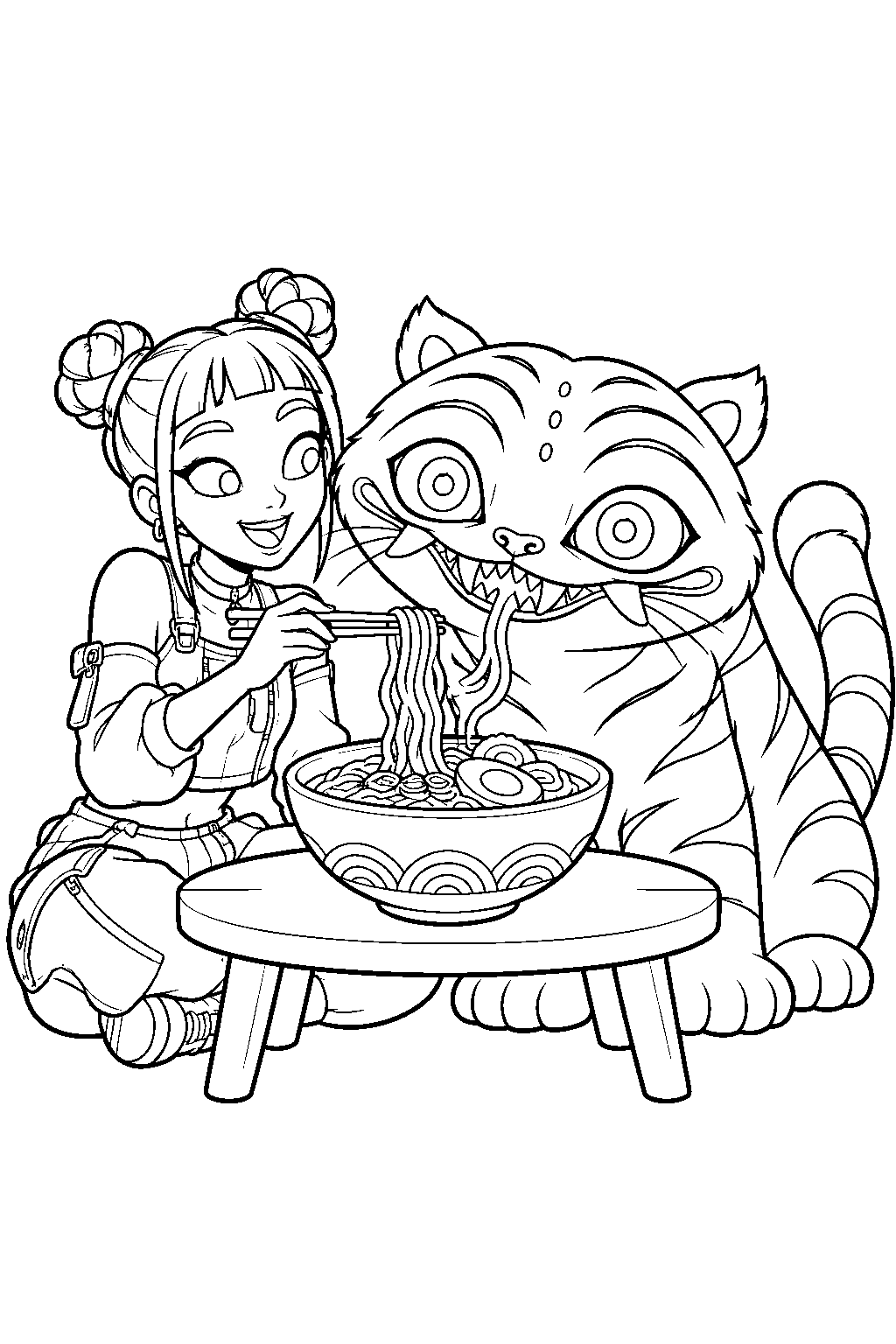kpop demon hunters derpy tiger sharing ramen with zoey line art