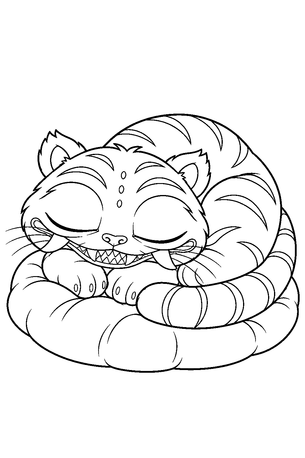 kpop demon hunters derpy tiger sleeping curled up on a cushion line art