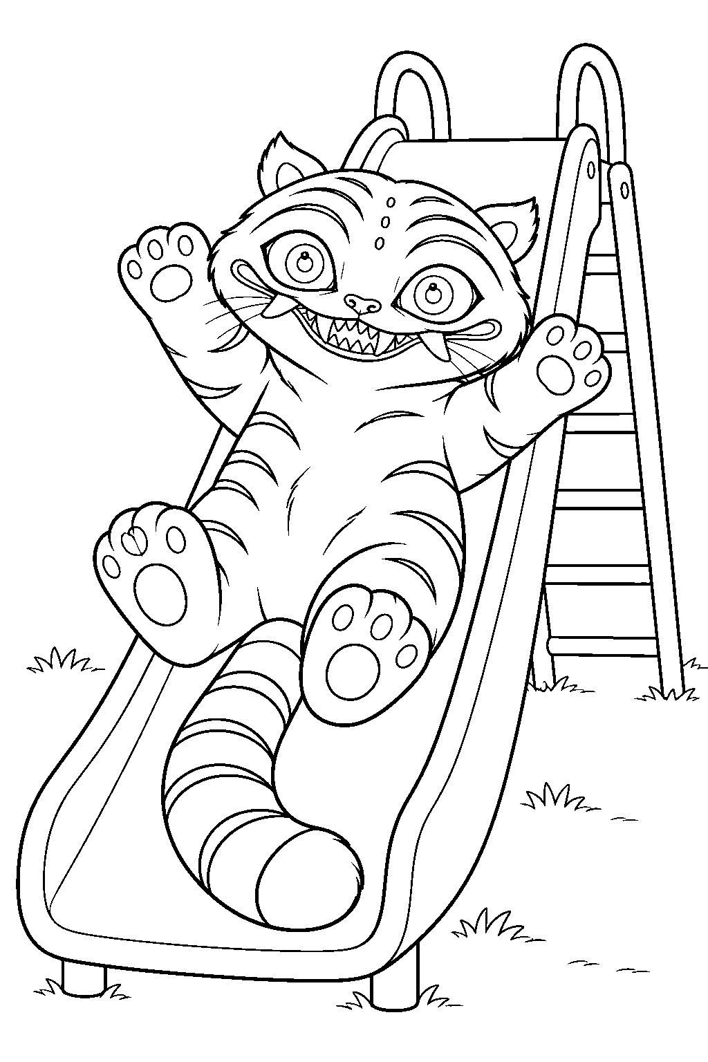 kpop demon hunters derpy tiger sliding down a playground slide line art