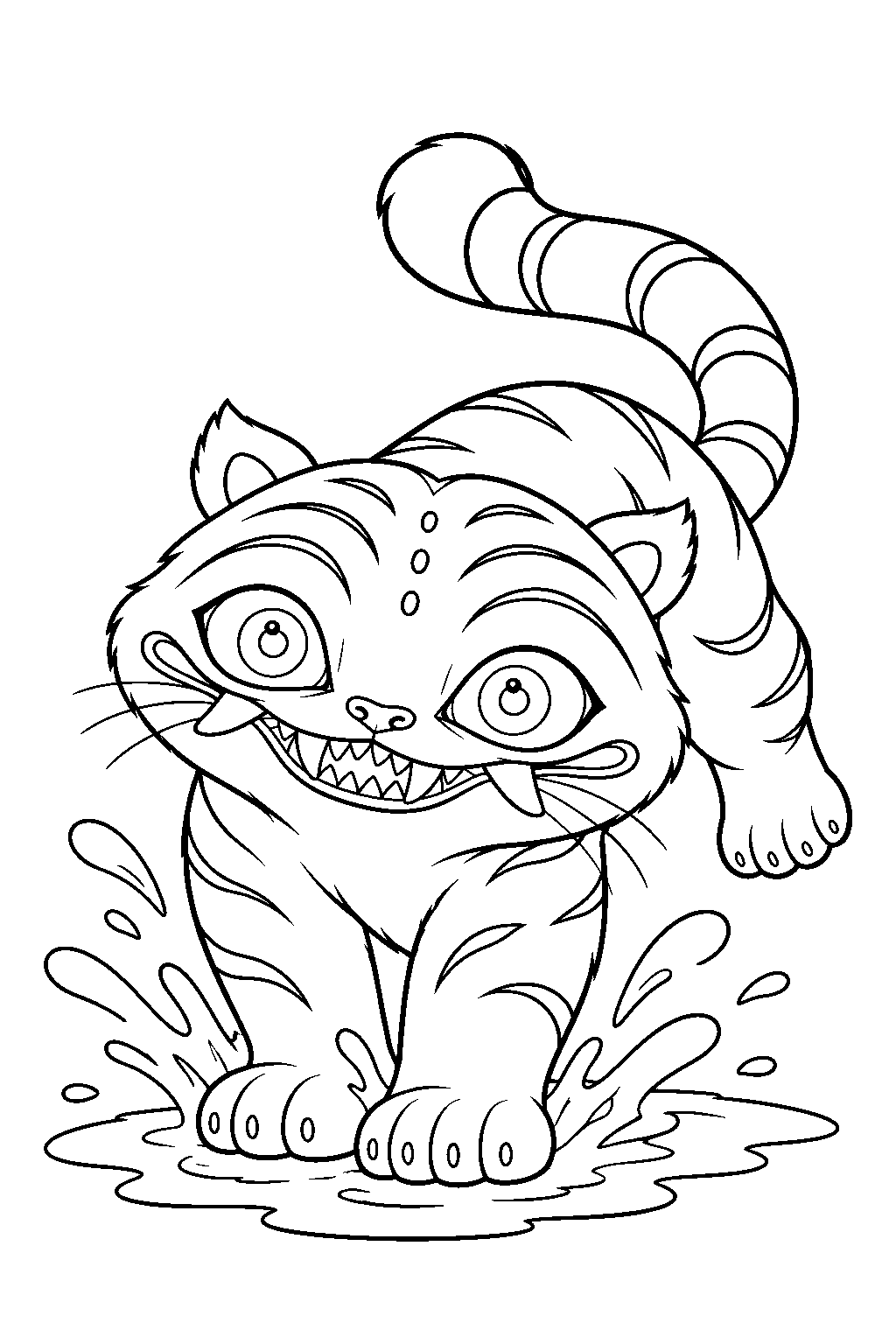 kpop demon hunters derpy tiger splashing in a puddle line art