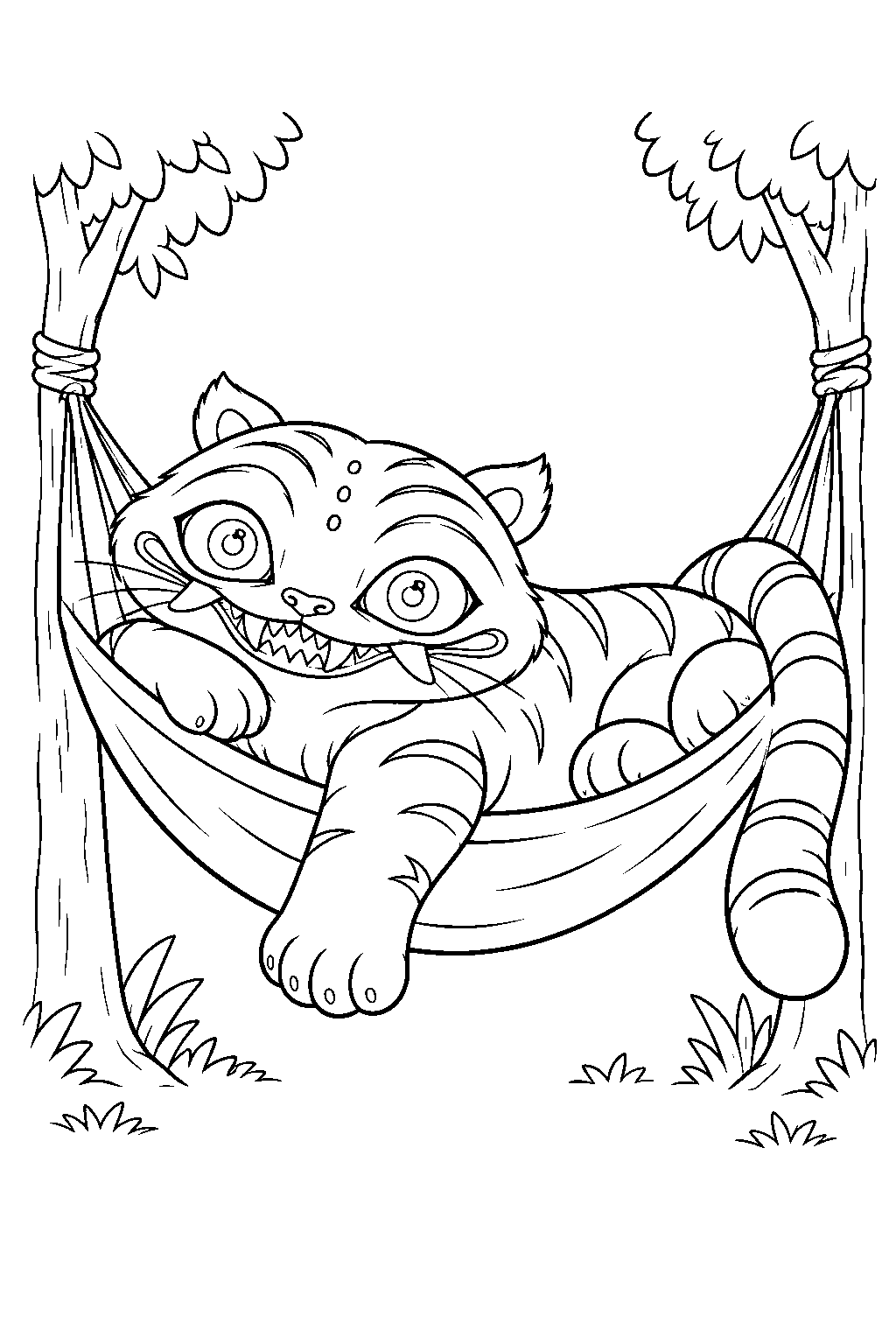 kpop demon hunters derpy tiger swinging in a hammock line art