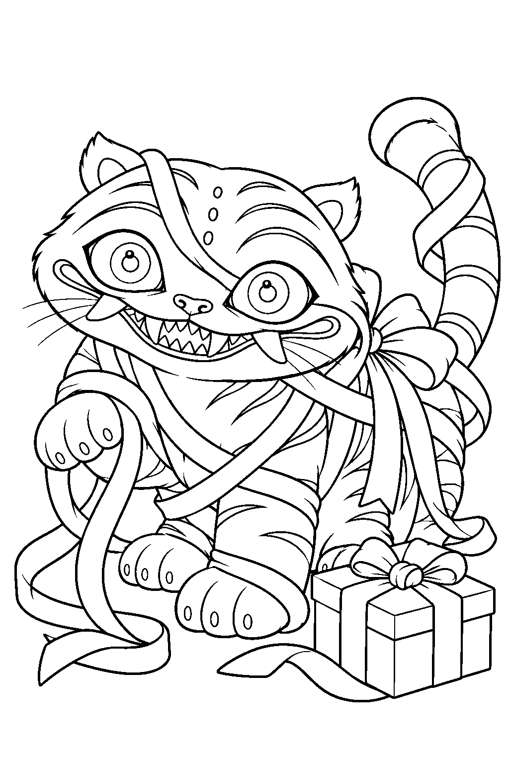 kpop demon hunters derpy tiger tangled in christmas gift ribbon line art