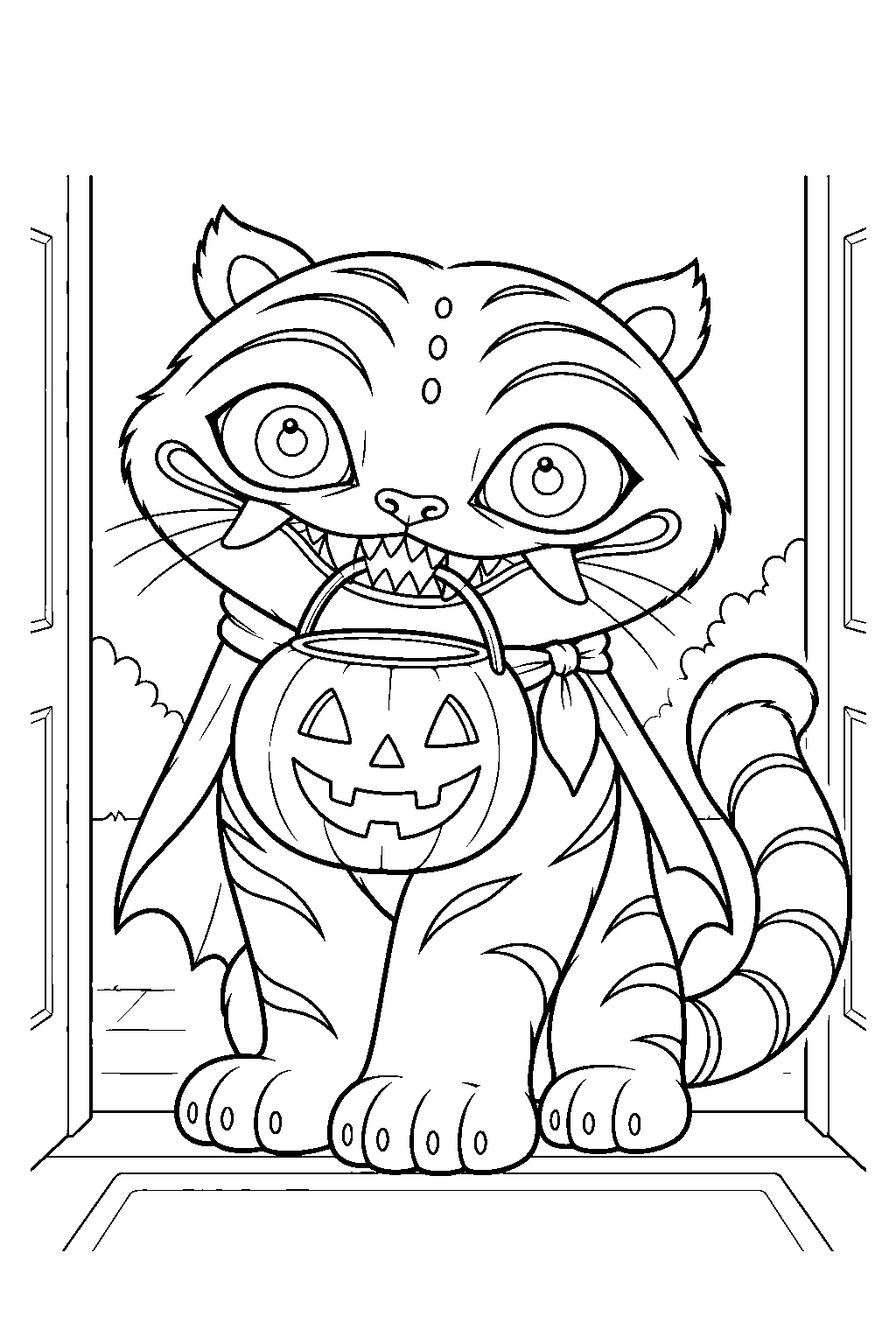 kpop demon hunters derpy tiger trick or treating with a candy bucket line art