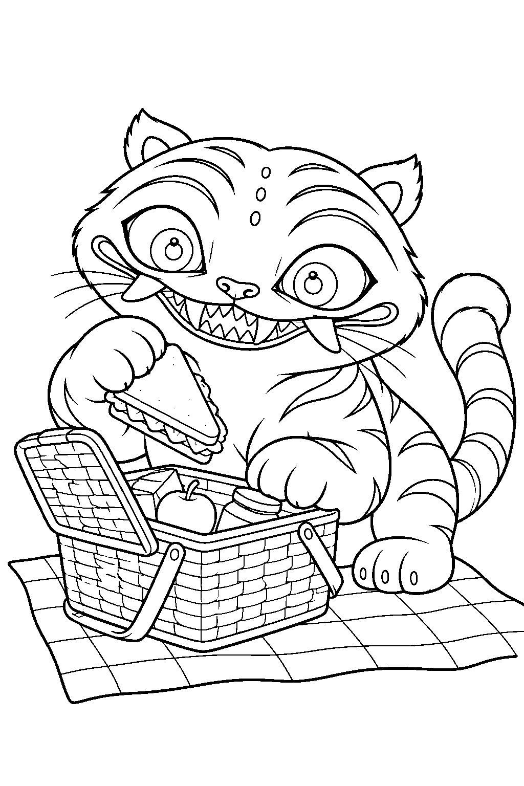 kpop demon hunters derpy tiger unpacking a picnic basket line art