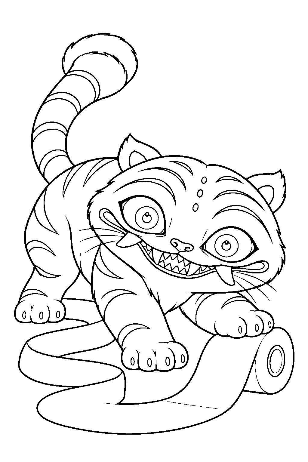 kpop demon hunters derpy tiger unrolling toilet paper across the floor line art