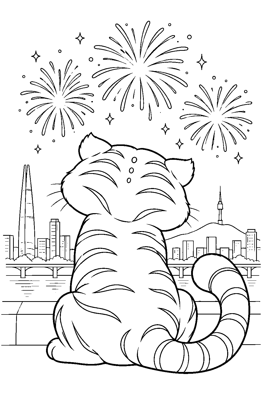 kpop demon hunters derpy tiger watching fireworks over seoul line art