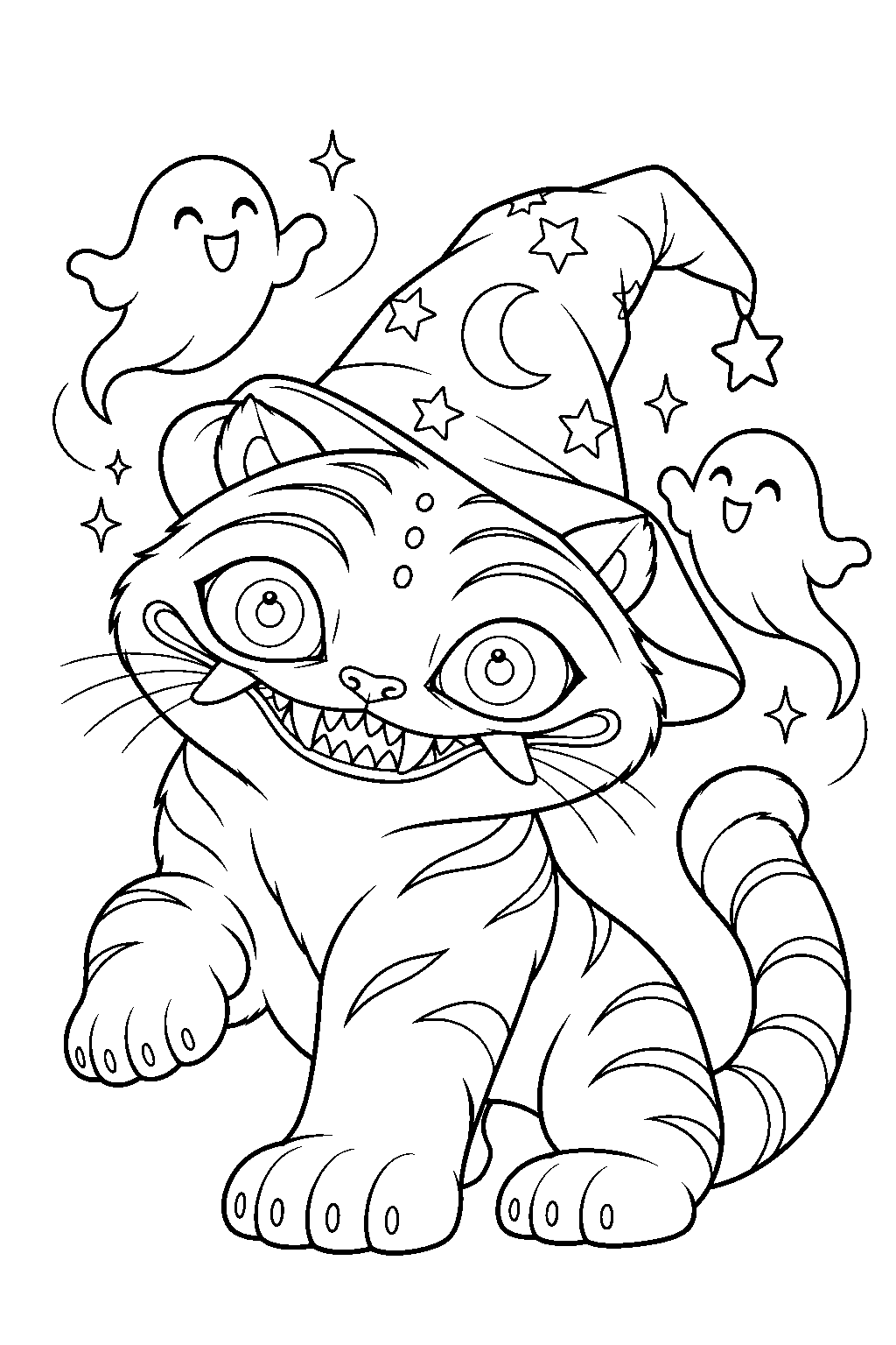 kpop demon hunters derpy tiger wearing a wizard hat with friendly ghosts line art