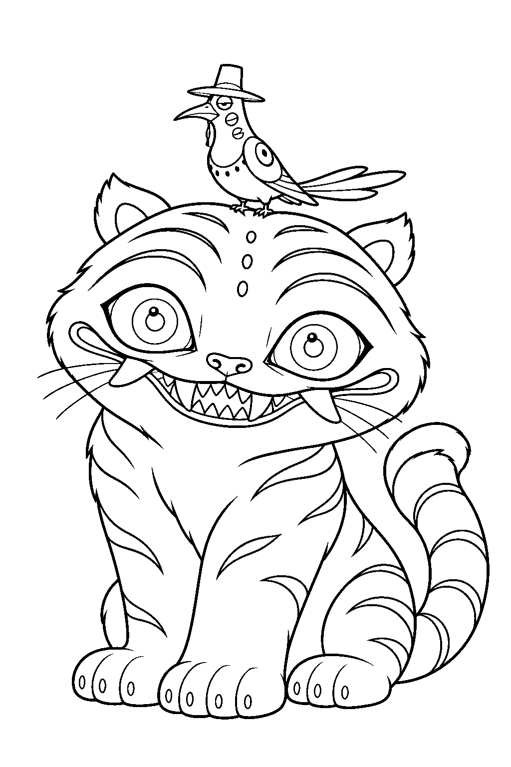 kpop demon hunters derpy tiger with sussie perched on his head line art