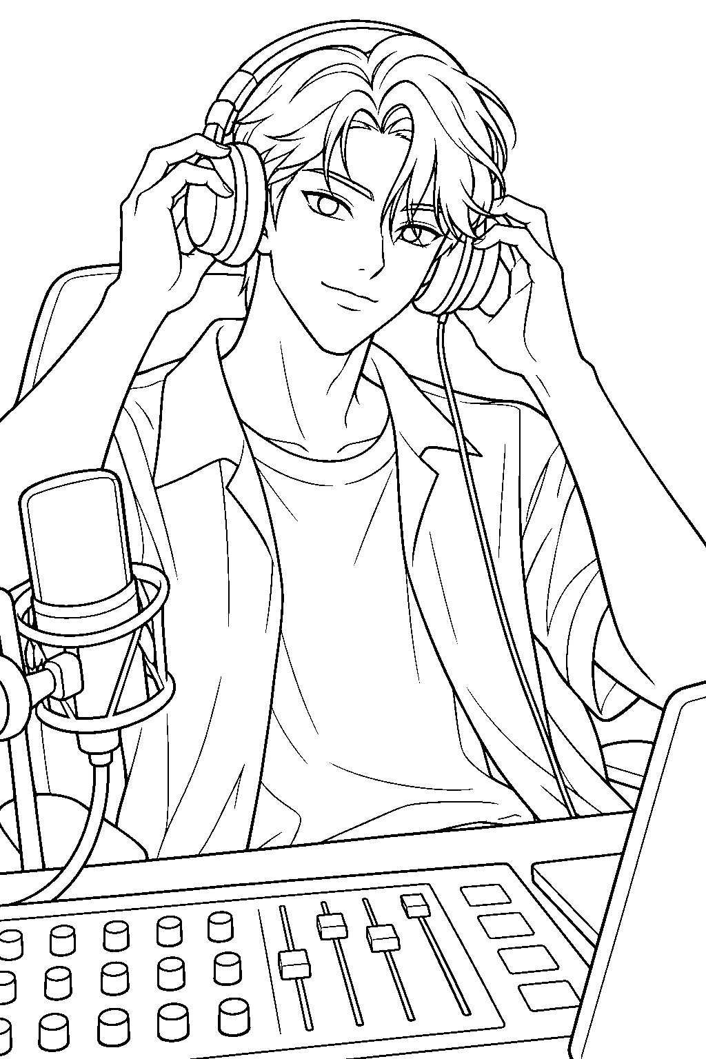 kpop demon hunters jinu adjusting headphones at a recording desk line art