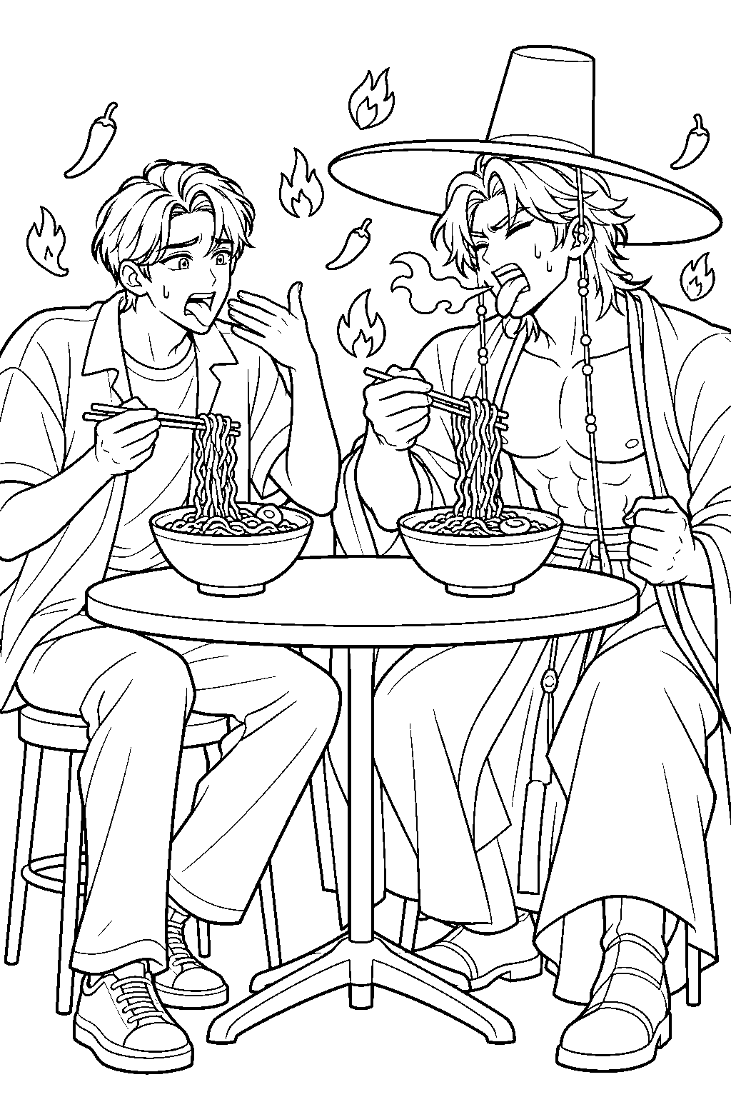 kpop demon hunters jinu and abs saja competing in a spicy food challenge line art
