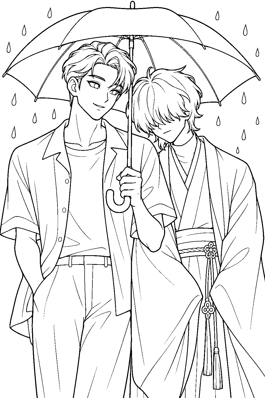 kpop demon hunters jinu and mystery saja sharing an umbrella line art