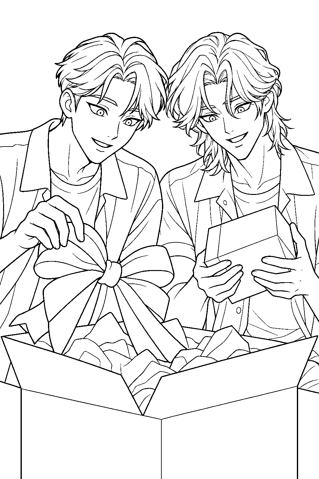 kpop demon hunters jinu and romance saja opening a box of fan gifts line art