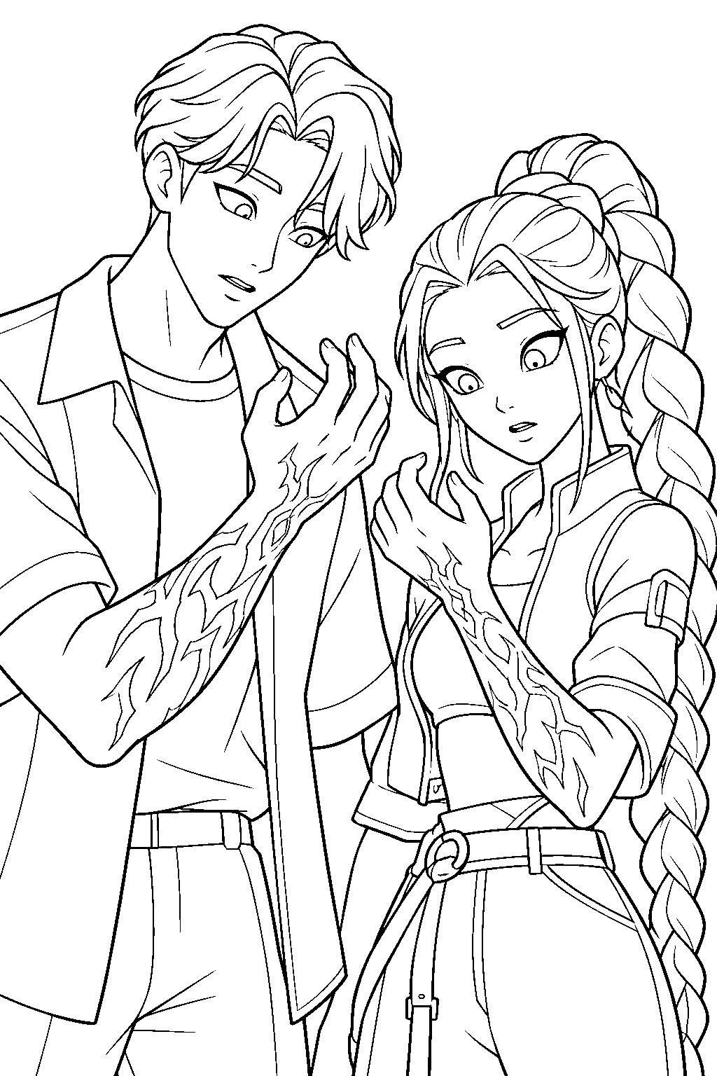 kpop demon hunters jinu and rumi comparing the demon markings on their arms line art