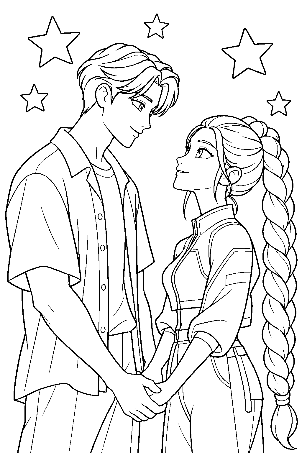 kpop demon hunters jinu and rumi holding hands under the stars line art