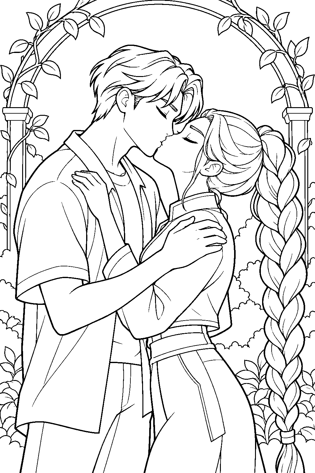 kpop demon hunters jinu and rumi sharing a kiss in a garden line art
