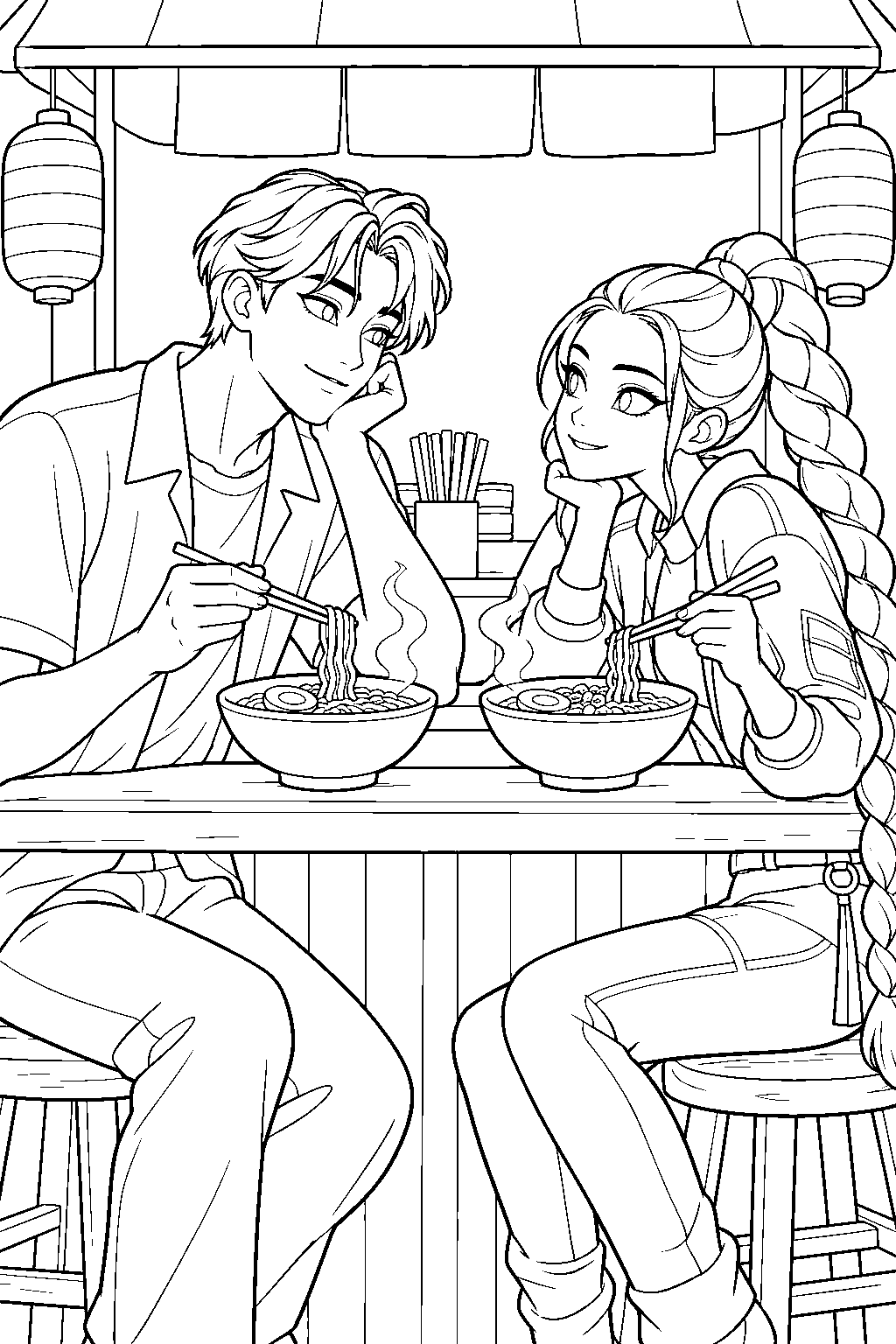 kpop demon hunters jinu and rumi sharing ramen at a food stall line art