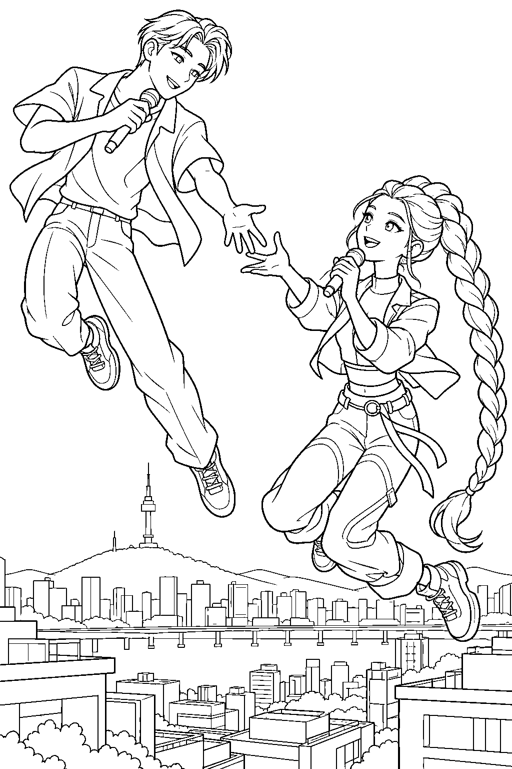kpop demon hunters jinu and rumi singing while floating above seoul line art