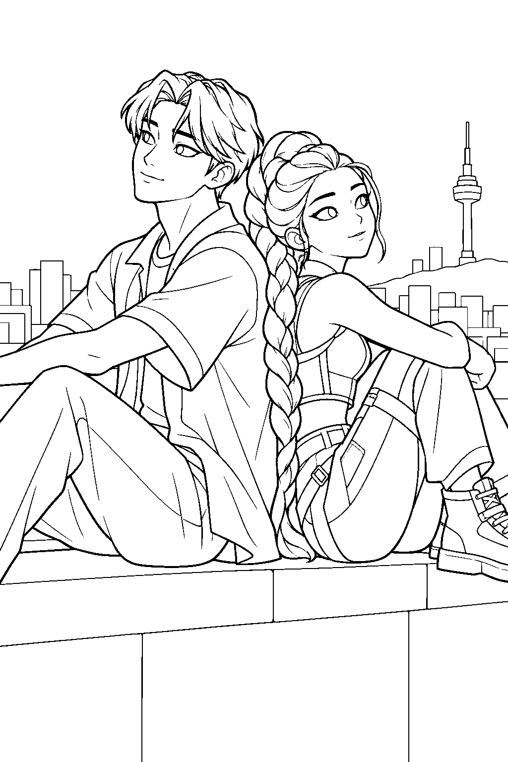 kpop demon hunters jinu and rumi sitting back to back on a rooftop line art