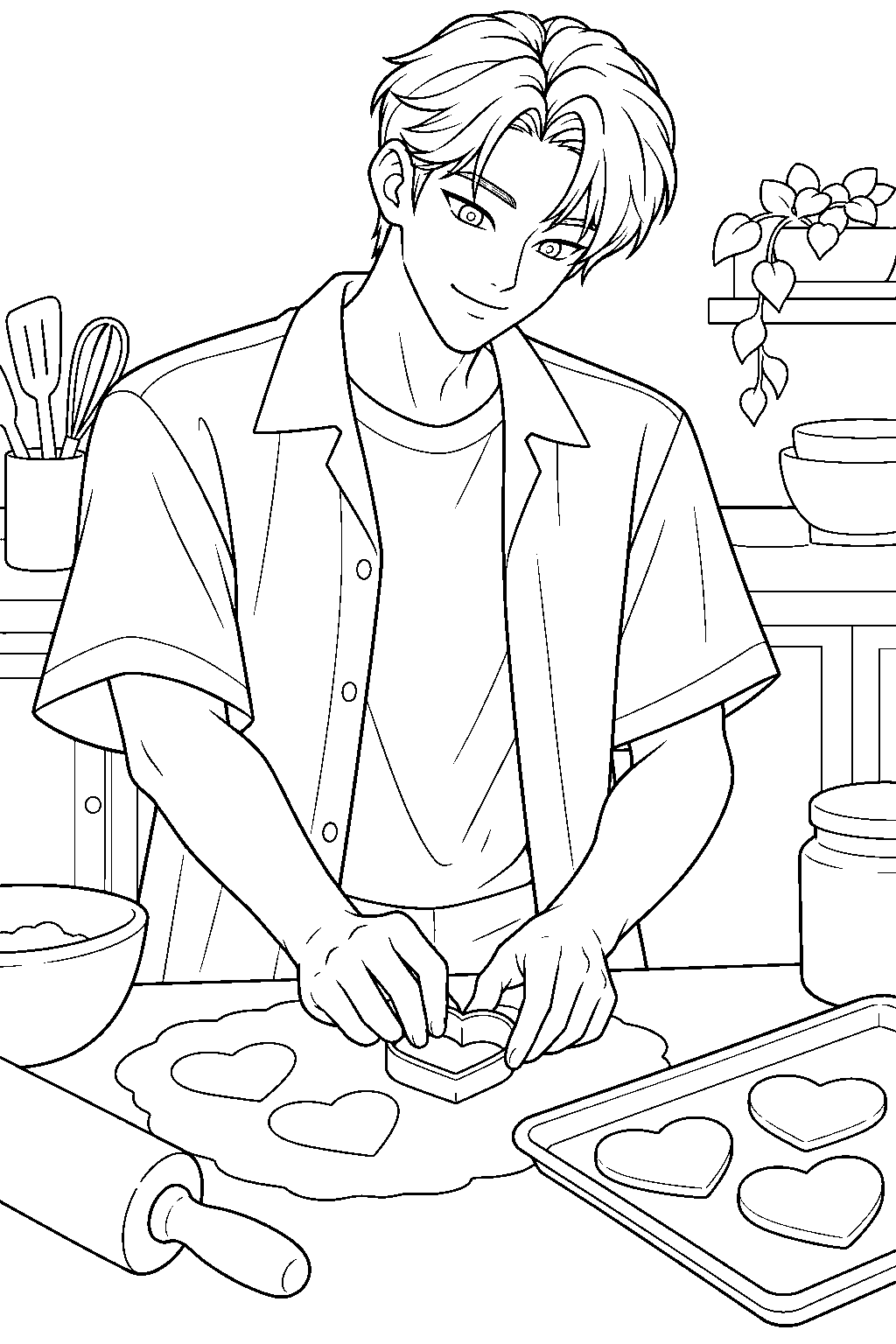 kpop demon hunters jinu baking heart shaped cookies for valentine s day line art