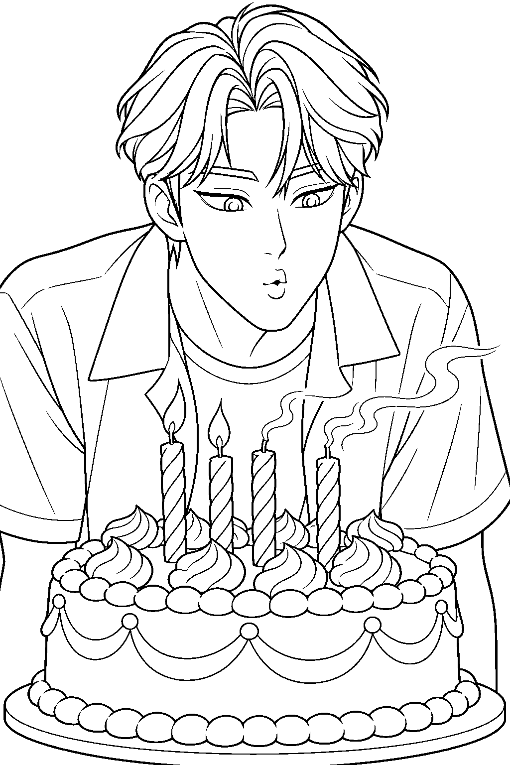 kpop demon hunters jinu blowing out candles on a birthday cake line art