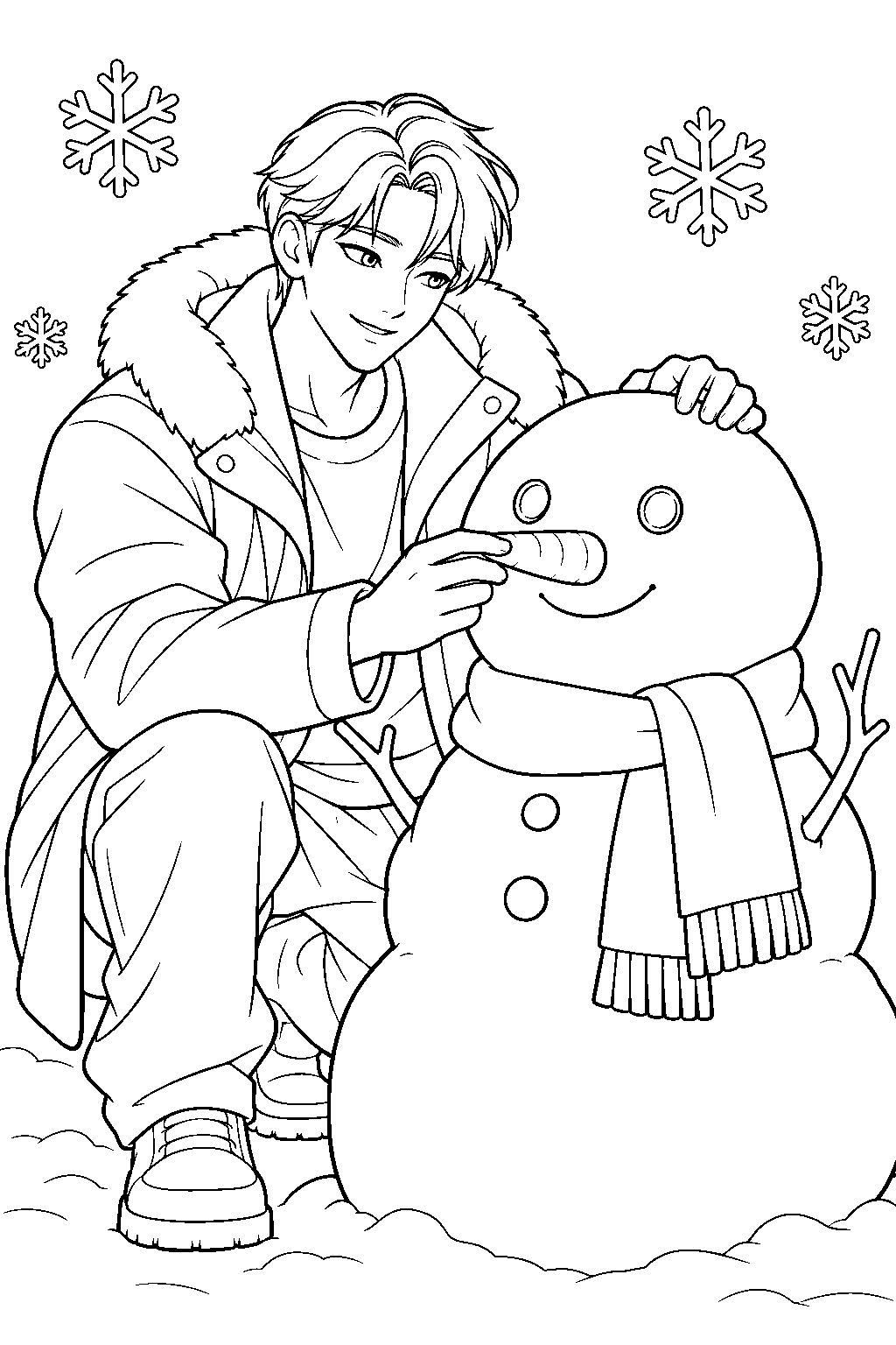 kpop demon hunters jinu building a snowman in a winter coat line art