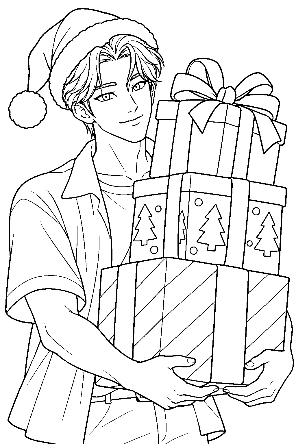 kpop demon hunters jinu carrying a stack of christmas presents line art