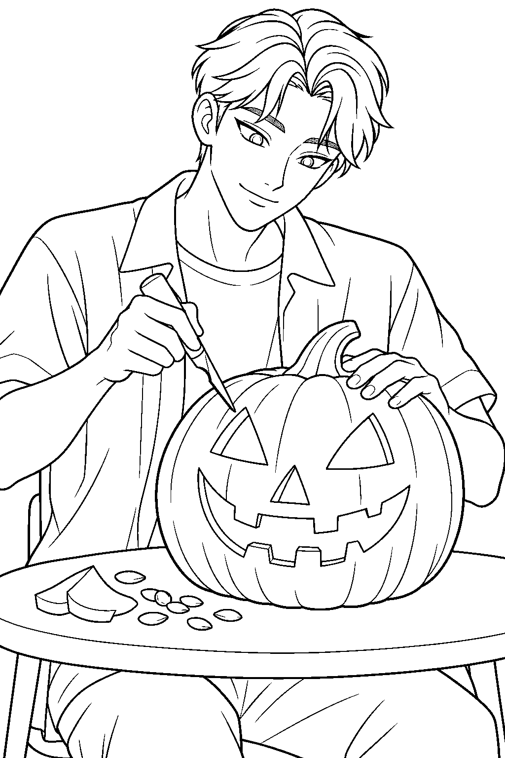 kpop demon hunters jinu carving a halloween pumpkin line art
