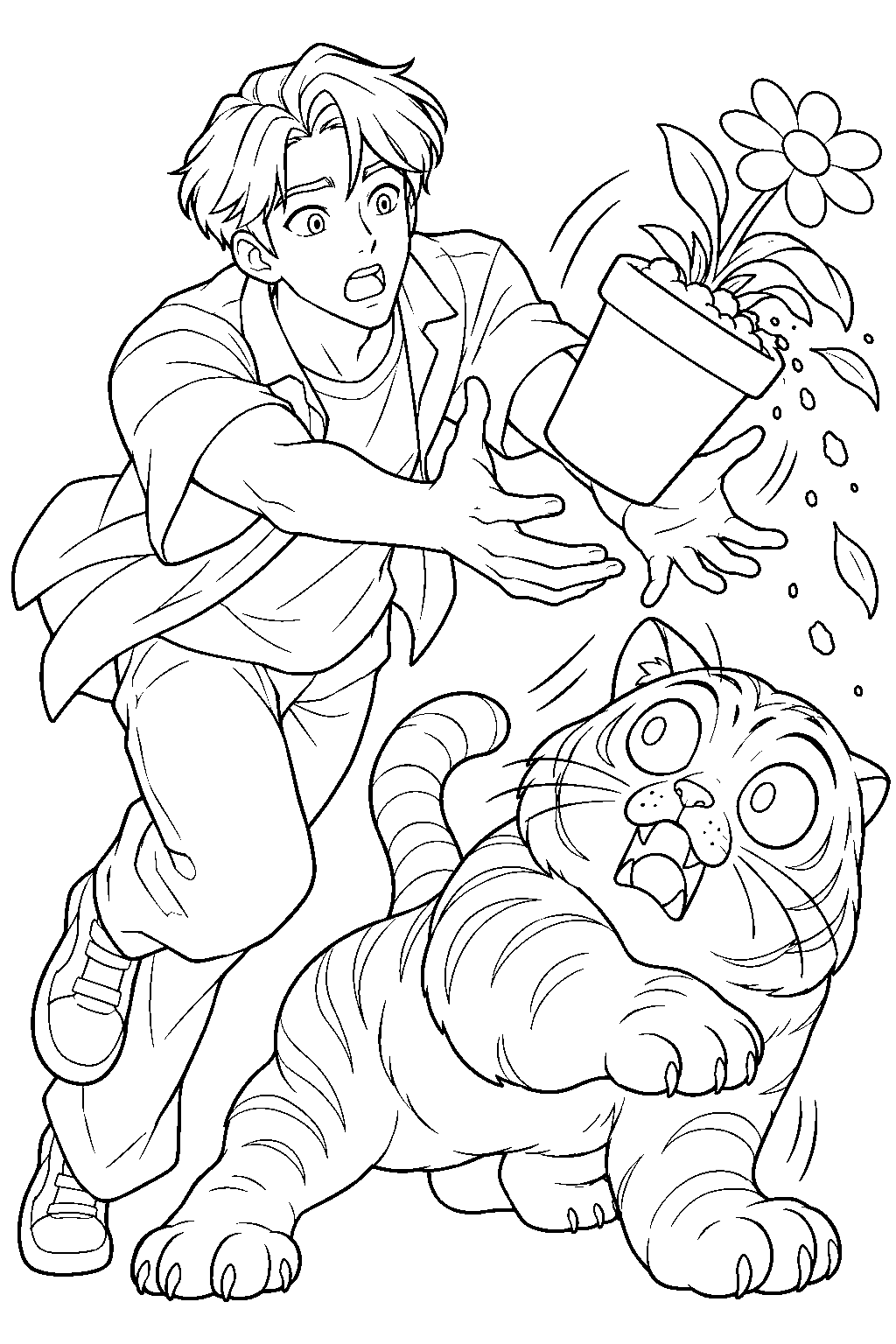 kpop demon hunters jinu catching a flowerpot knocked over by derpy tiger line art
